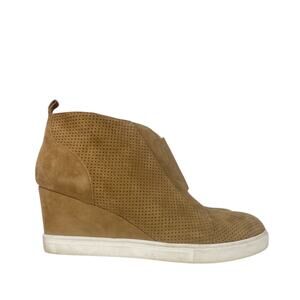 LINEA PAOLO Women's SUEDE PLATFORM WEDGE Shoes Tan Size 7.5 - 3" Heel